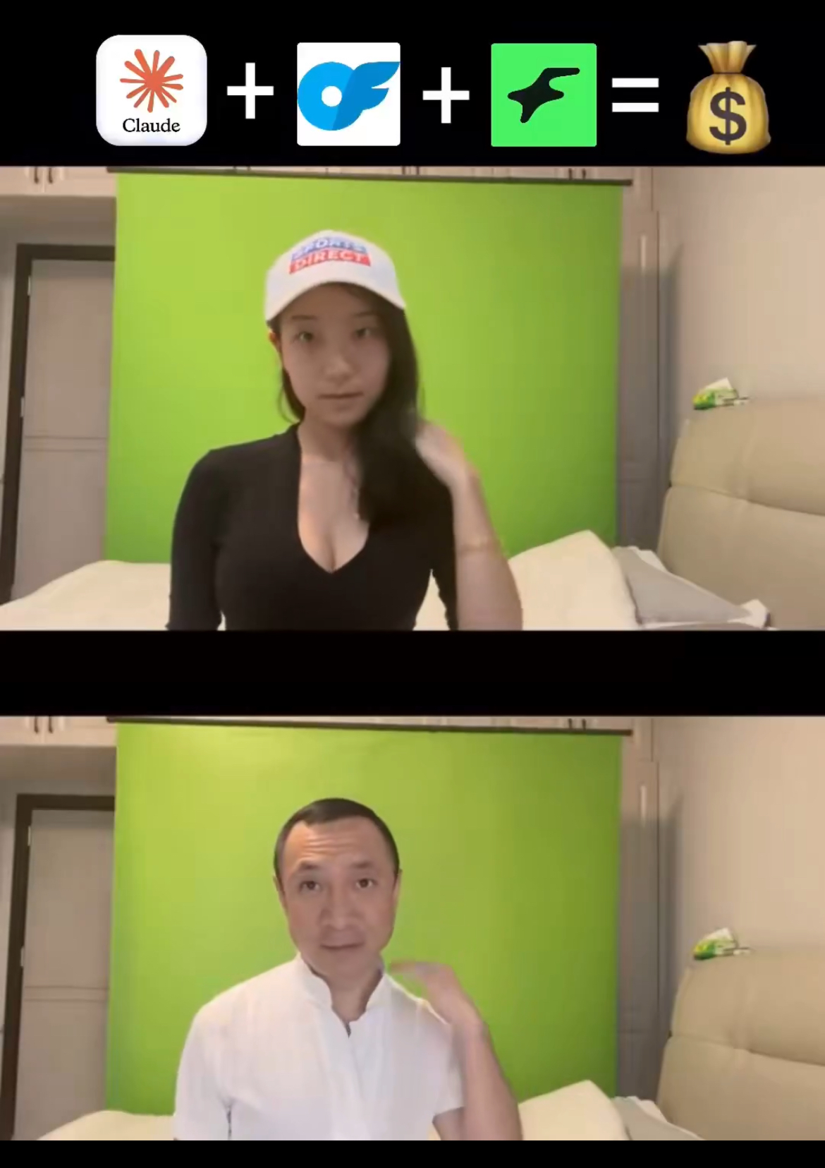 Side-by-side image circulated as operator-proof on Twitter: the top half shows an AI-generated young woman in a Sports Direct cap in front of a green screen; the bottom half shows the male operator in the identical pose, in the same room, with the same green screen and furniture, demonstrating the face-swap method used to produce content for OnlyFans and Fanvue.