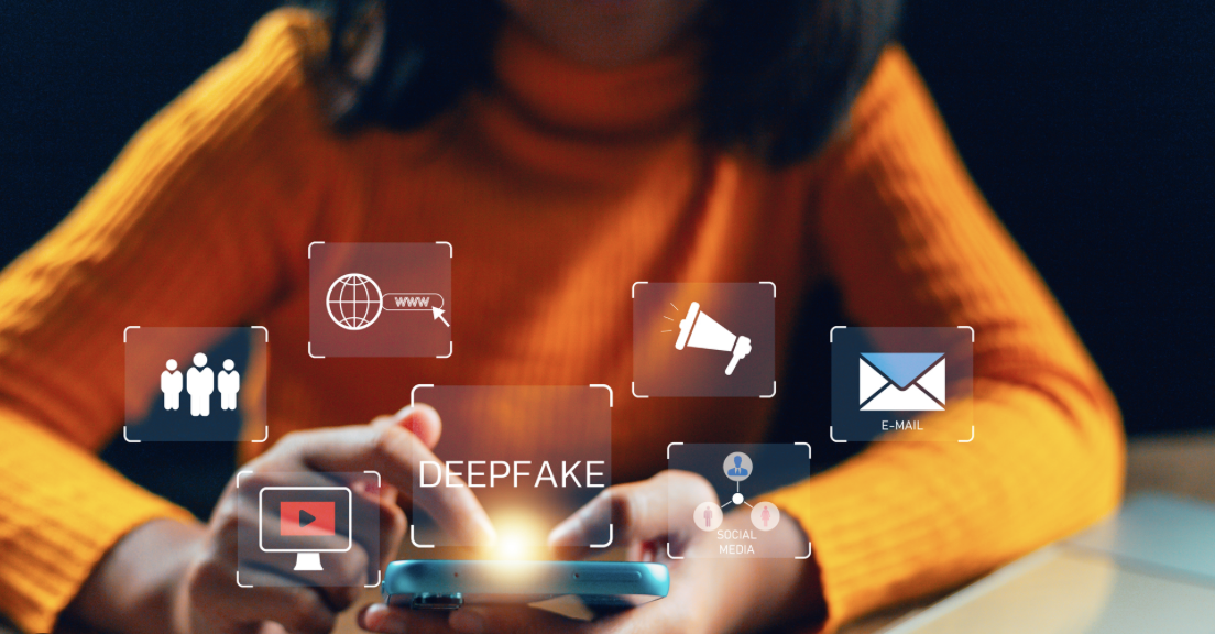 Illustration of a high school student looking at a phone in a hallway, with the words AI-Generated overlaid on a faded image silhouette behind them, representing the spread of synthetic deepfake nudes in US schools.
