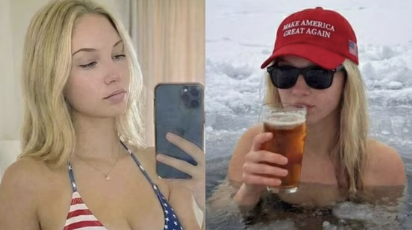 Emily Hart, the AI-generated MAGA influencer. Two Grok-generated images of the fictional persona: a mirror selfie in an American flag bikini and an outdoor shot in a Make America Great Again cap.