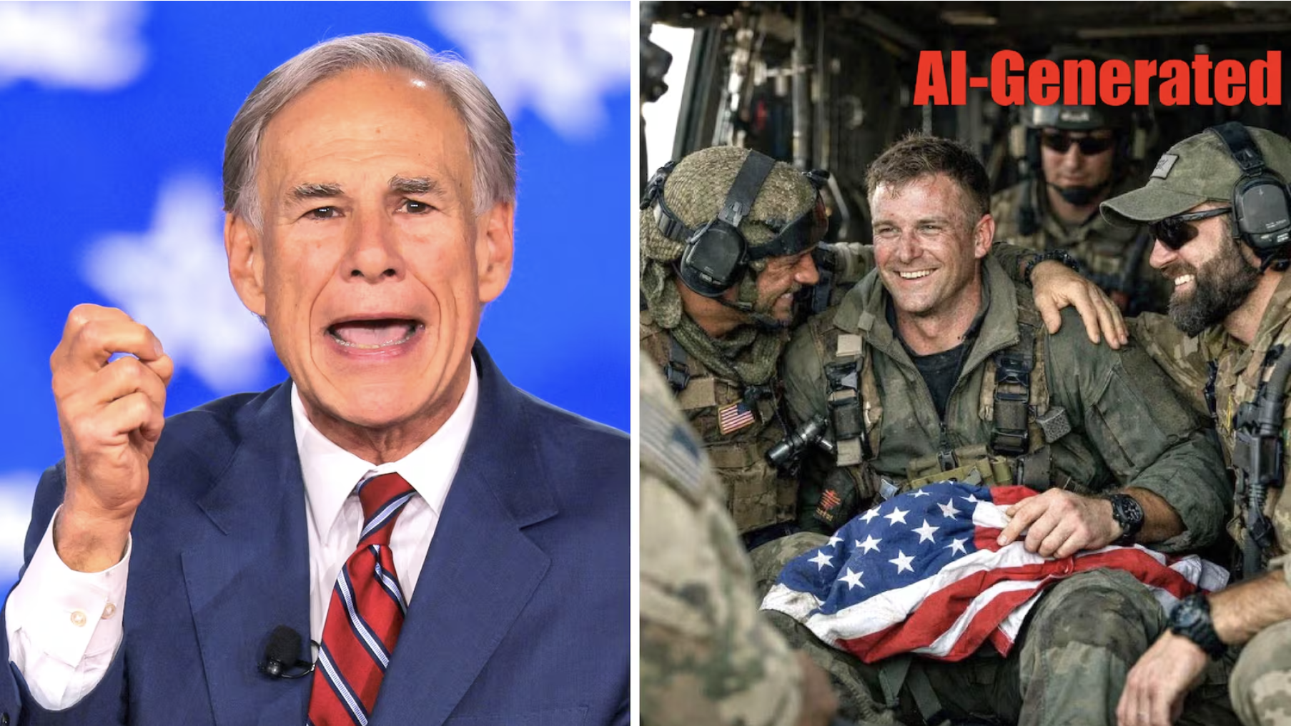 Texas Governor Greg Abbott pictured next to the AI-generated image he shared of a US airman being rescued by soldiers holding an American flag after a downed aircraft incident in Iran. The image on the right is labeled AI-Generated.