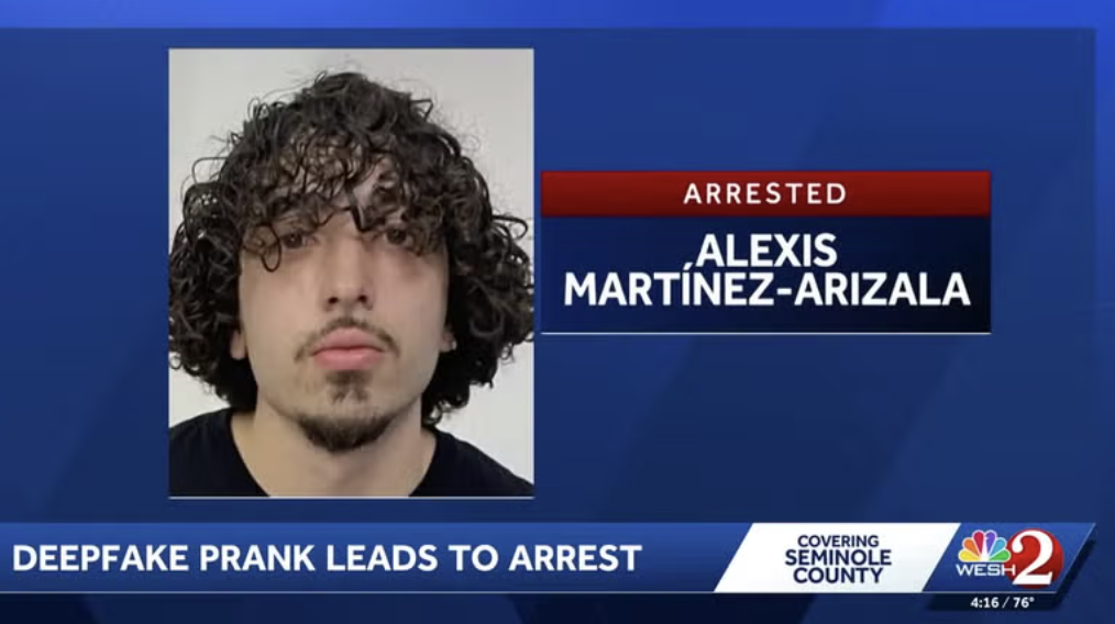 Local news broadcast still showing the booking photo of Alexis Martinez-Arizala under the chyron 'Deepfake Prank Leads to Arrest,' covering the Seminole County, Florida case where a 3-second AI-generated video of a patrol-car break-in triggered a real deputy response.