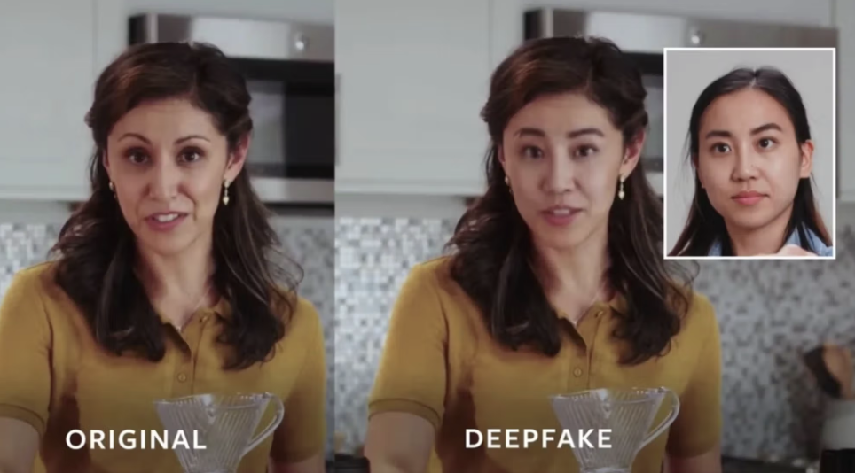 A remote job interview on a laptop screen with the candidate's face partially overlaid by an AI-Generated label, illustrating face-swap deepfake candidates infiltrating remote hiring processes.
