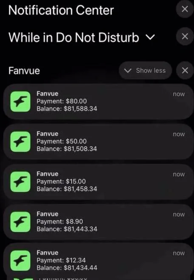 Screenshot of a Fanvue earnings dashboard showing a single account pulling in over $80,000 in subscription revenue, used by the operator as proof of the income before Instagram banned the source Instagram account.