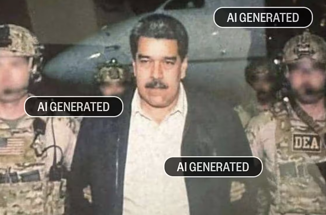 An AI-generated image of Venezuelan president Nicolás Maduro flanked by US tactical operators, overlaid with multiple AI-Generated labels showing the image is synthetic. The fake circulated on X in January 2026 and was confirmed as real by Grok when users asked it to verify.