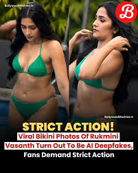 News-outlet coverage composite (Bollywood Machine, May 2026) reporting that viral bikini images of Indian actress Rukmini Vasanth were confirmed AI deepfakes. Vasanth issued a public denial on May 23, 2026 and announced legal and cybercrime action; the image is included here as documentation of the news cycle the post analyzes, not as endorsement or distribution of the underlying synthetic imagery.