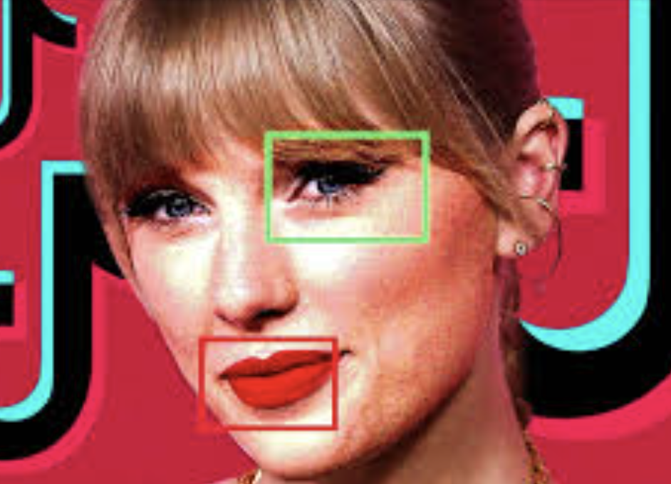 AI-detection illustration of a Taylor Swift-style deepfake portrait on a TikTok-pattern background, with red and green bounding boxes highlighting the eyes and mouth as common visual tells in AI-generated celebrity ads.
