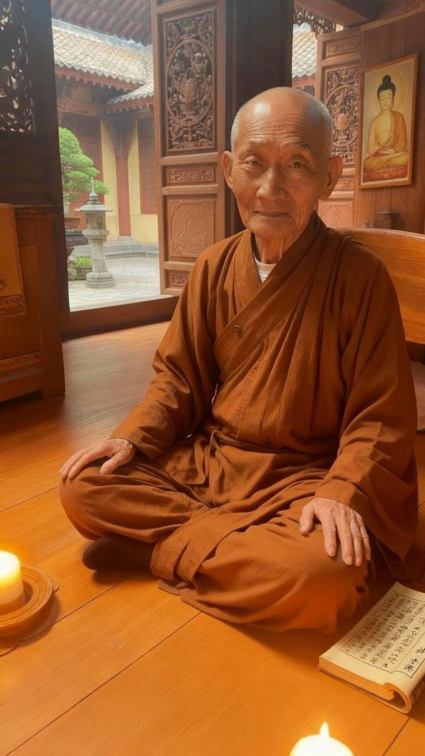 AI-generated image of Yang Mun, the synthetic Buddhist monk persona, seated cross-legged in saffron robes inside a temple courtyard with candles and an open sutra book; the entire scene is rendered by AI tools, not photographed.